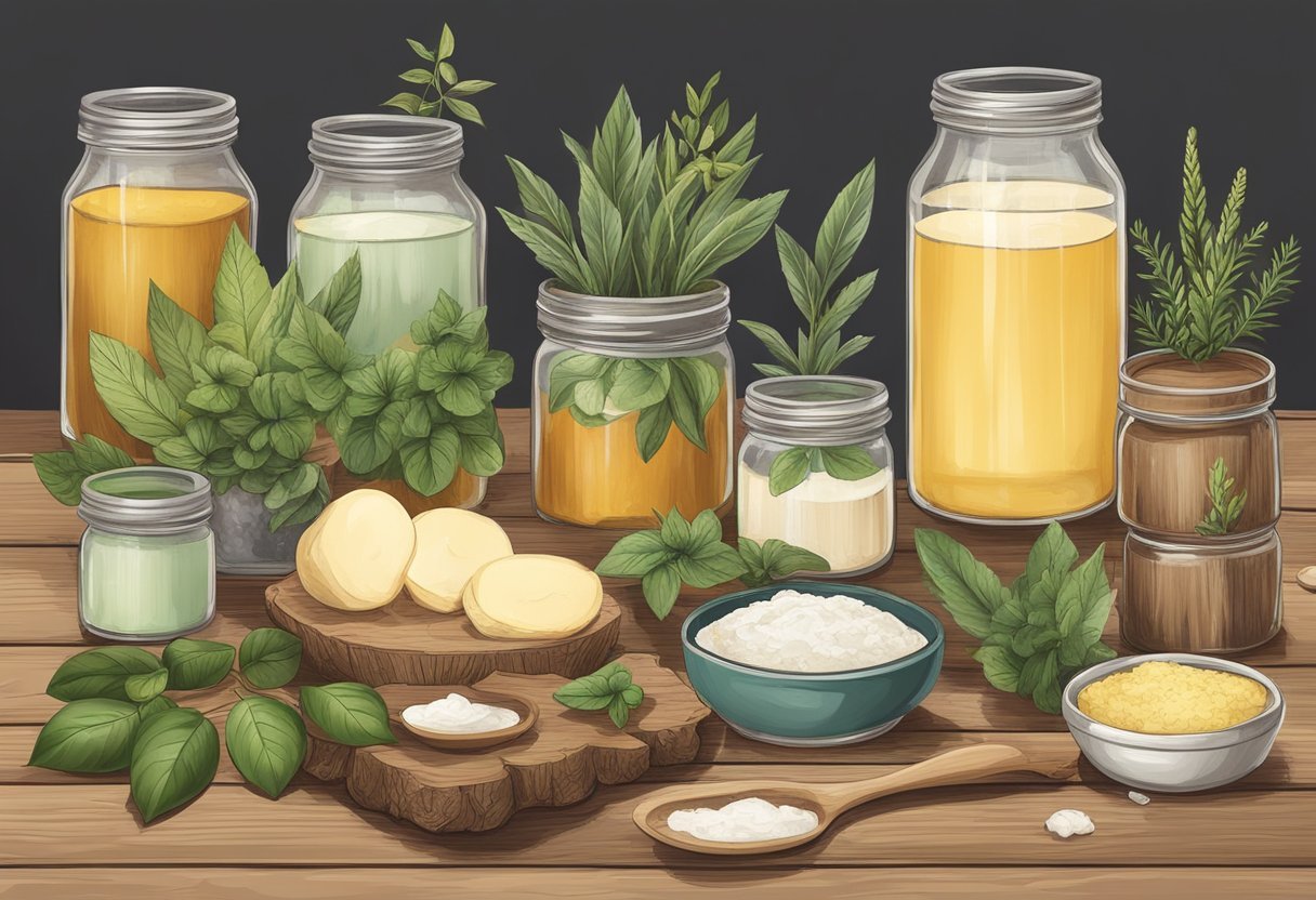 A rustic wooden table adorned with various plants and herbs, surrounded by jars of tallow-based balms and natural skincare ingredients