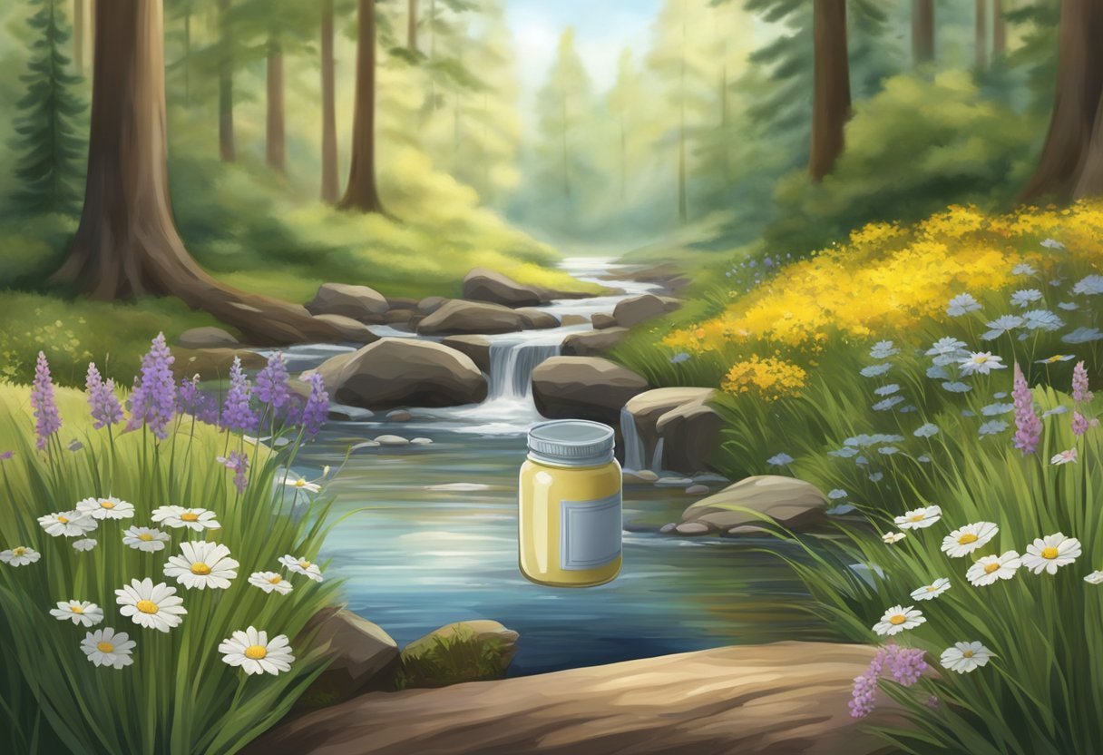 A serene forest clearing with a jar of tallow-based balm surrounded by wildflowers and a gentle stream flowing nearby