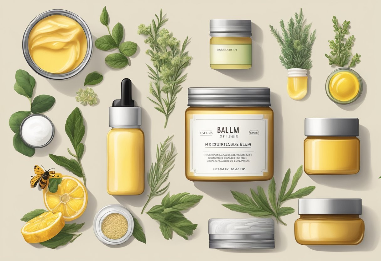 A jar of tallow-based balm surrounded by natural ingredients like beeswax, herbs, and essential oils, contrasting with a tube of conventional moisturizer with synthetic chemicals and artificial fragrances