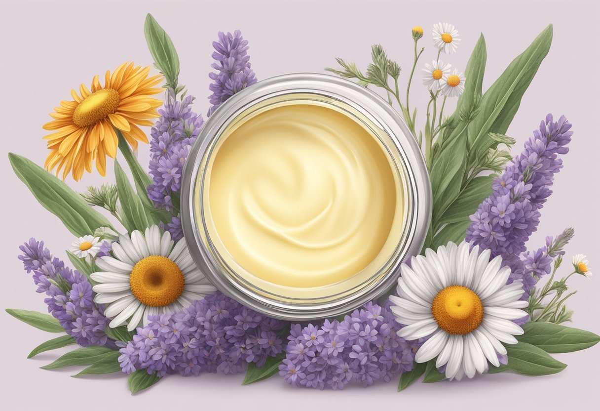 A jar of tallow-based balm surrounded by various botanical ingredients like lavender, chamomile, and calendula, with a soft glow illuminating the scene
