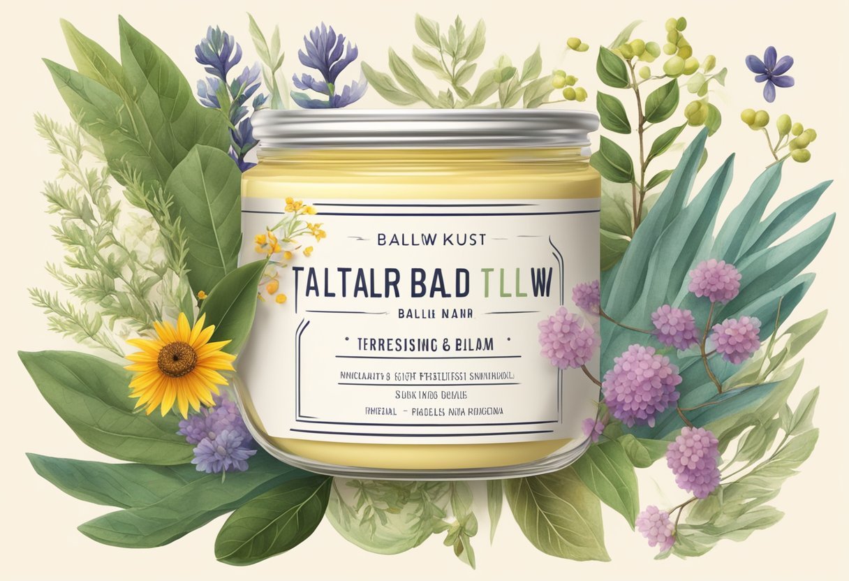 A jar of tallow-based balm surrounded by colorful botanical ingredients and natural elements, with soft natural lighting highlighting the skin-loving properties