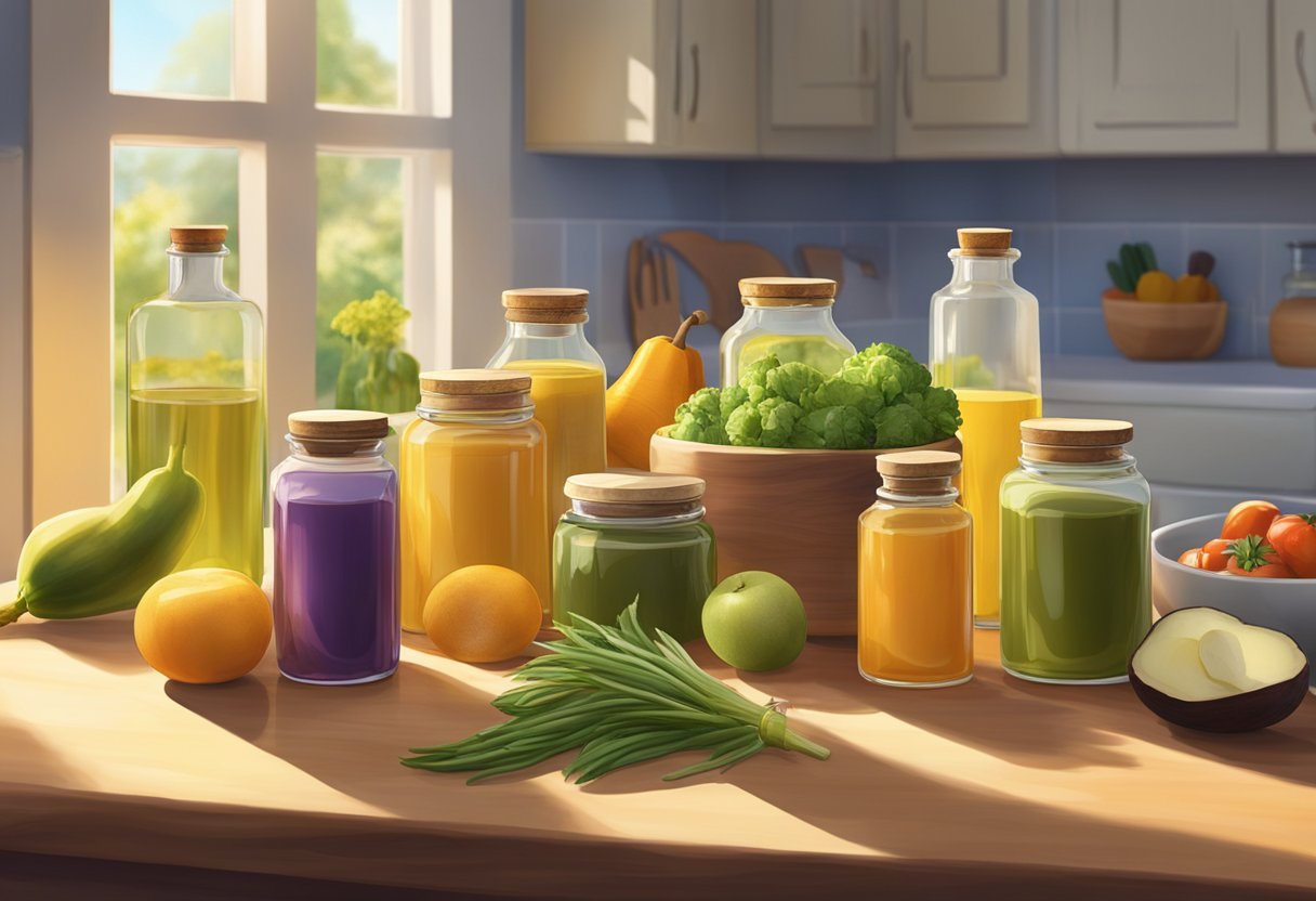 A colorful array of tallow and seed oils arranged on a kitchen counter, surrounded by fresh fruits and vegetables. Sunlight streams through a nearby window, casting a warm glow on the scene