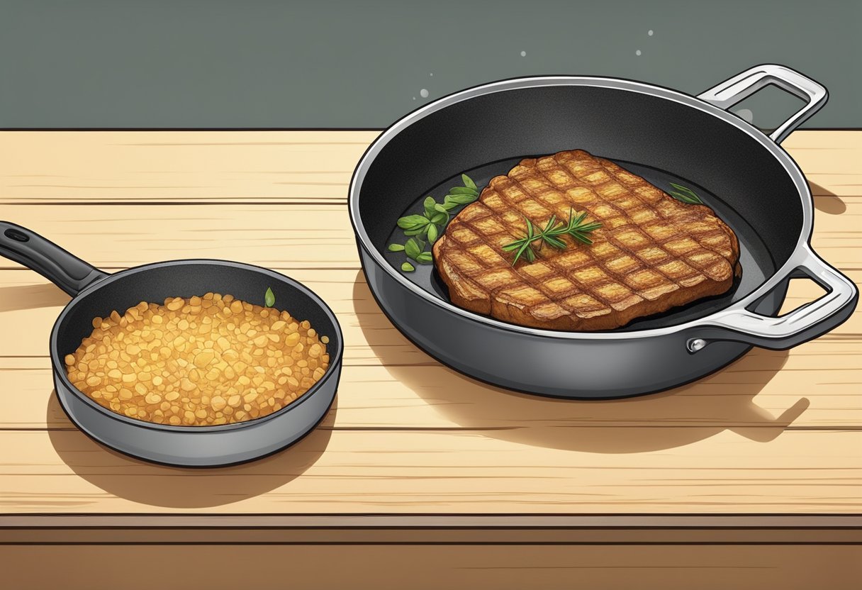 A sizzling pan holds a piece of meat frying in tallow on one side, and another piece frying in seed oil on the other side. The differences in color and texture are evident