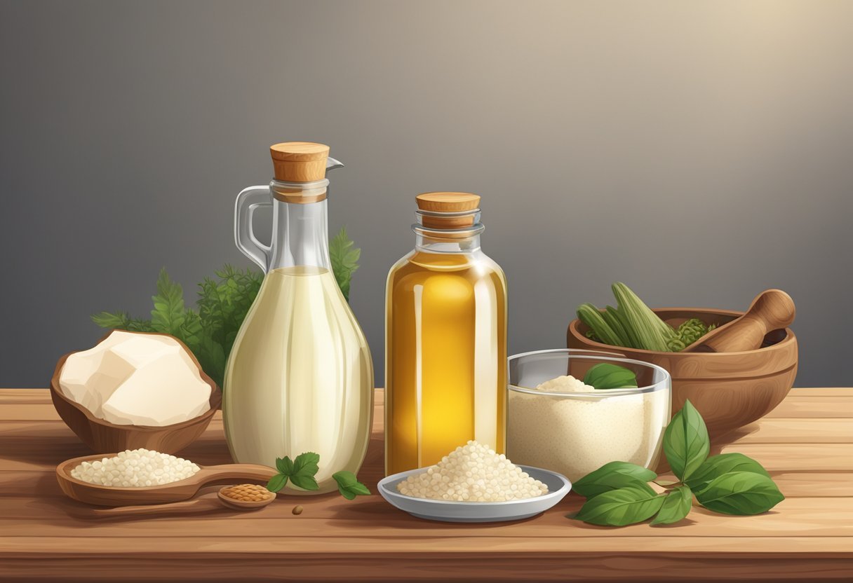 A bottle of tallow and a bottle of seed oil stand side by side on a wooden table, surrounded by various cooking utensils and fresh ingredients
