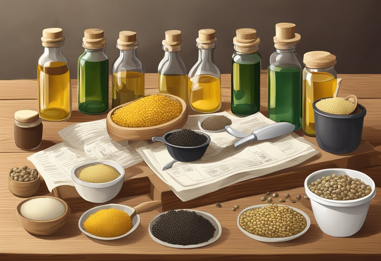 A variety of seeds and animal tallow arranged on a wooden table, with bottles of oil and scientific research papers scattered around