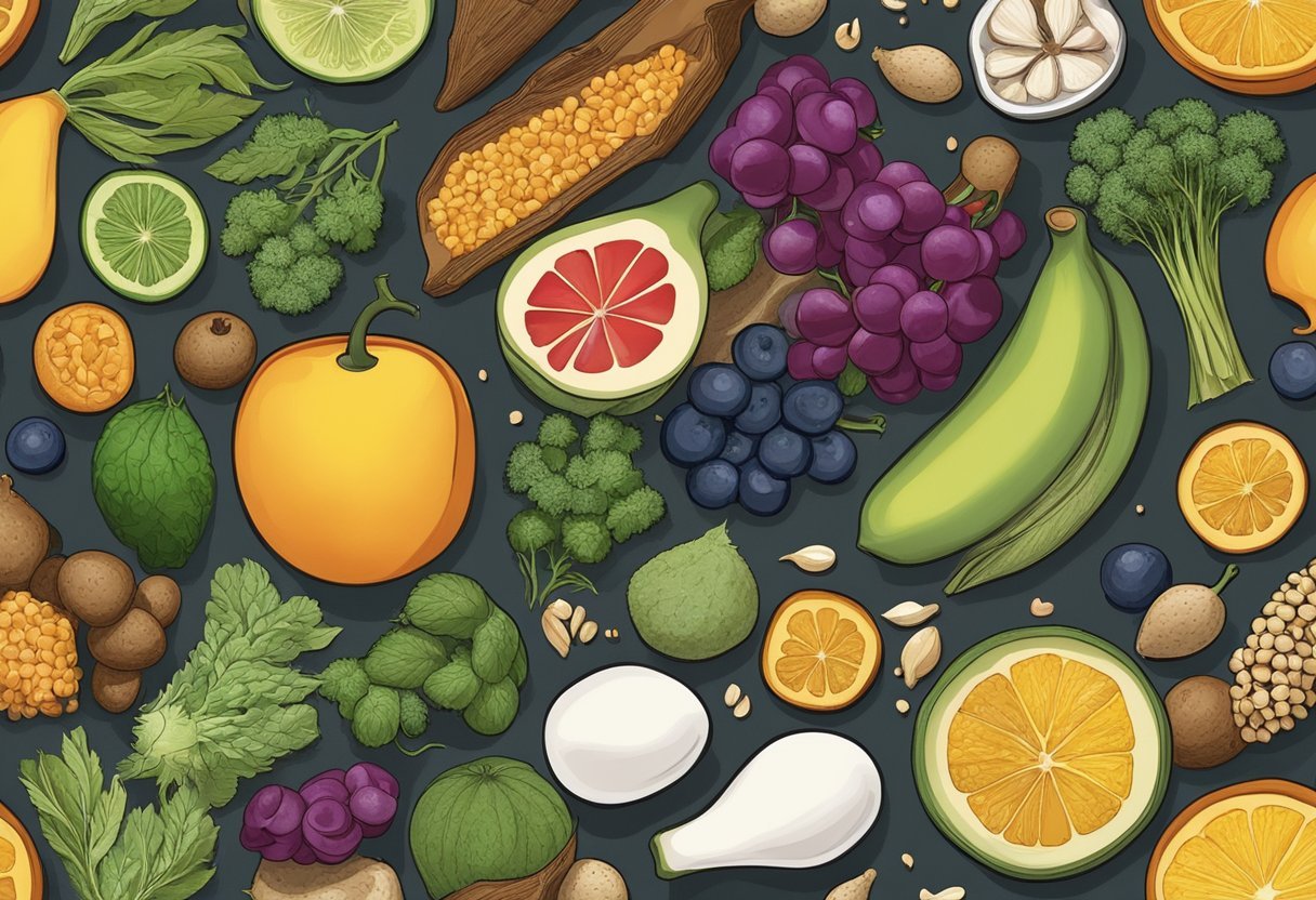 A sizzling pan with tallow and seed oils, emitting contrasting aromas. Surrounding it, various fruits, vegetables, and grains symbolize health impacts