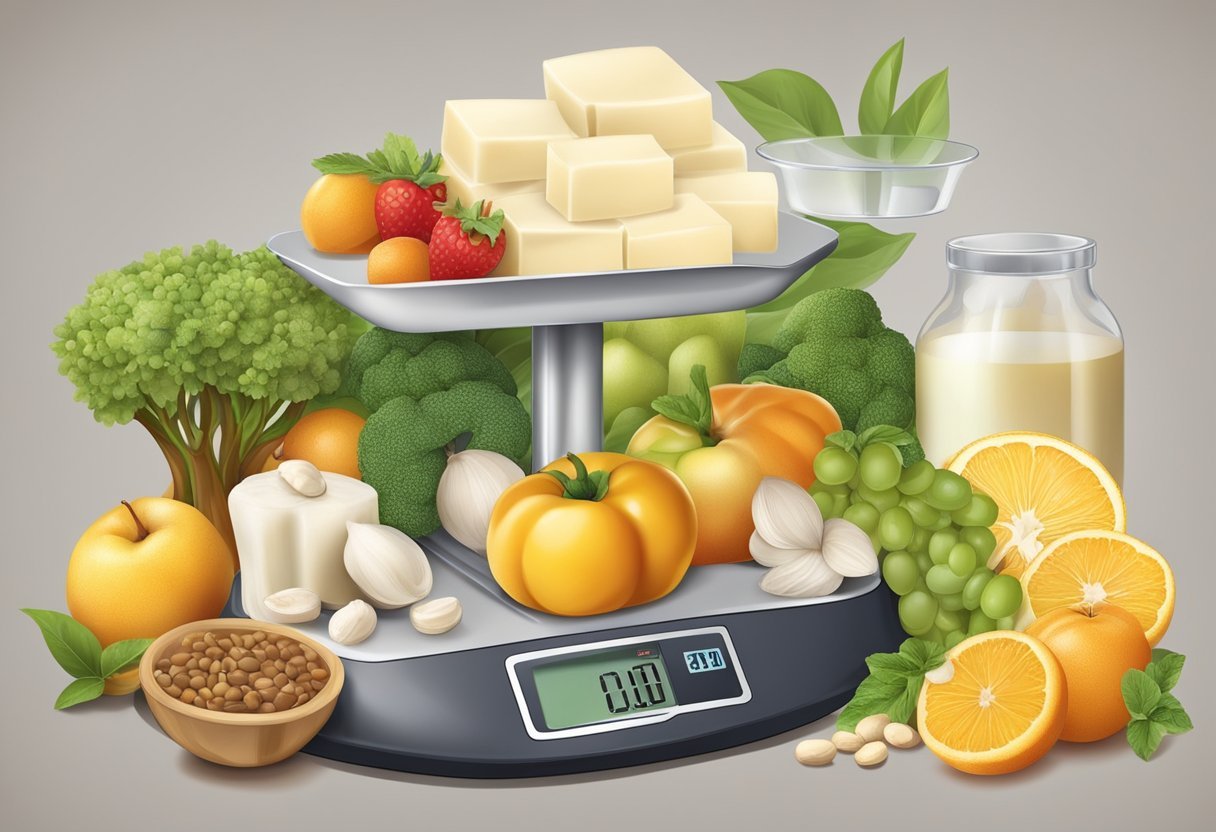 A scale with a block of tallow on one side and various healthy foods on the other side