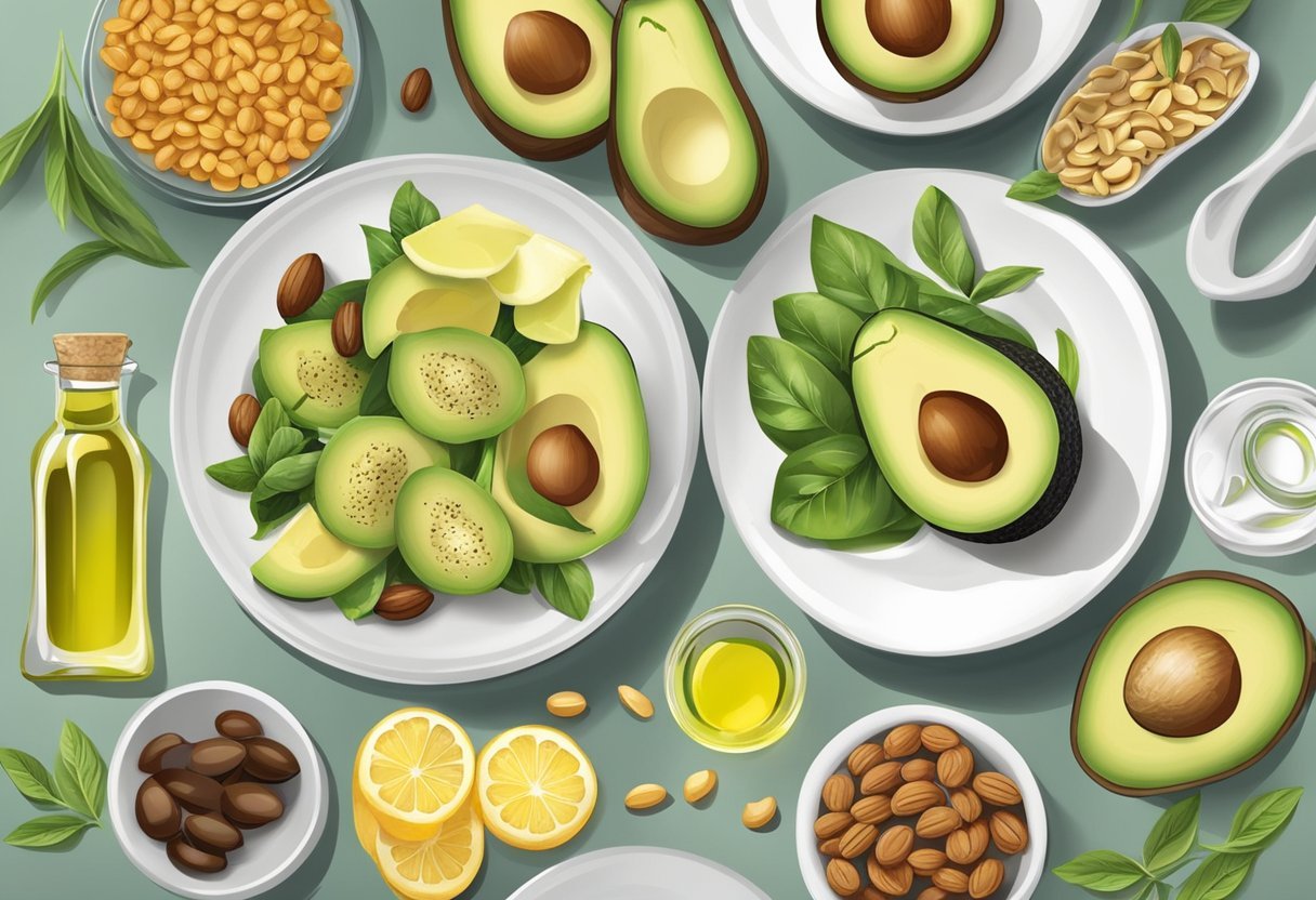 A balanced meal with a variety of foods, including sources of healthy fats such as avocados, nuts, and olive oil, on a plate