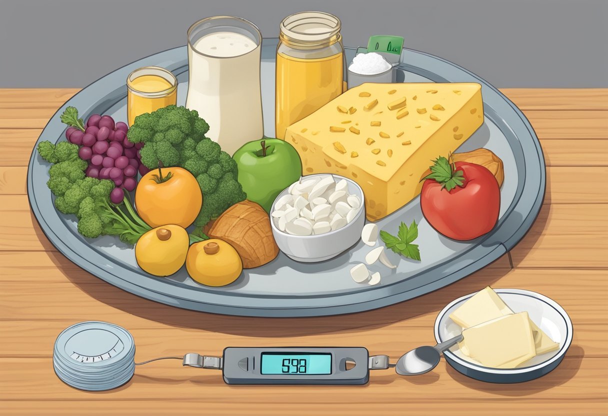 A plate of various foods, with tallow used in cooking, surrounded by measuring tape and a scale to represent weight management