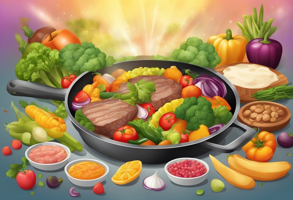 A sizzling pan with tallow-coated vegetables and lean meat, surrounded by colorful fruits and vegetables