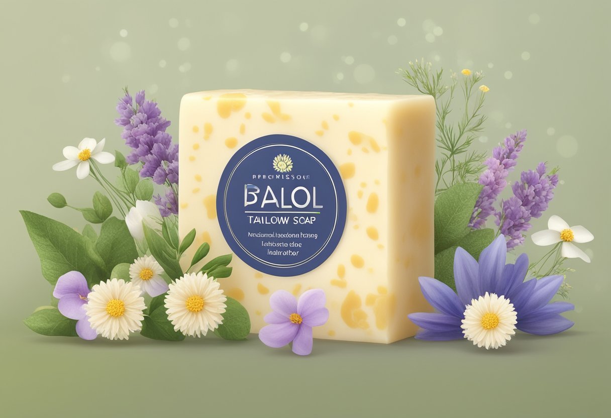 A bar of tallow soap surrounded by natural ingredients like herbs and flowers, with a soft glow of light highlighting its moisturizing properties