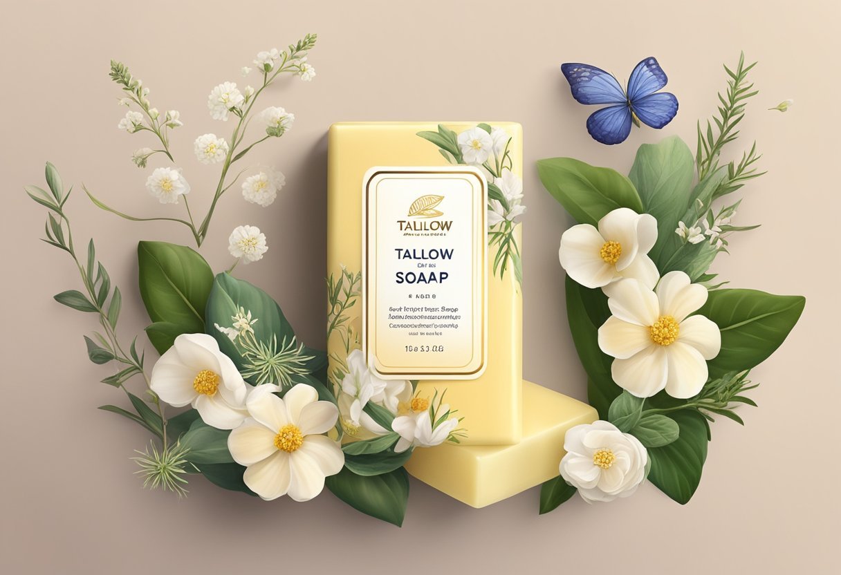 A bar of tallow soap surrounded by natural ingredients like herbs and flowers, with a soft glow of light highlighting its rich texture