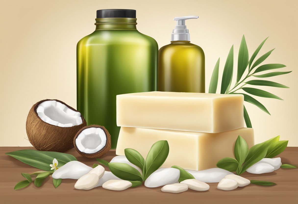A bar of tallow soap surrounded by natural ingredients like shea butter, coconut oil, and olive oil, emphasizing its moisturizing properties