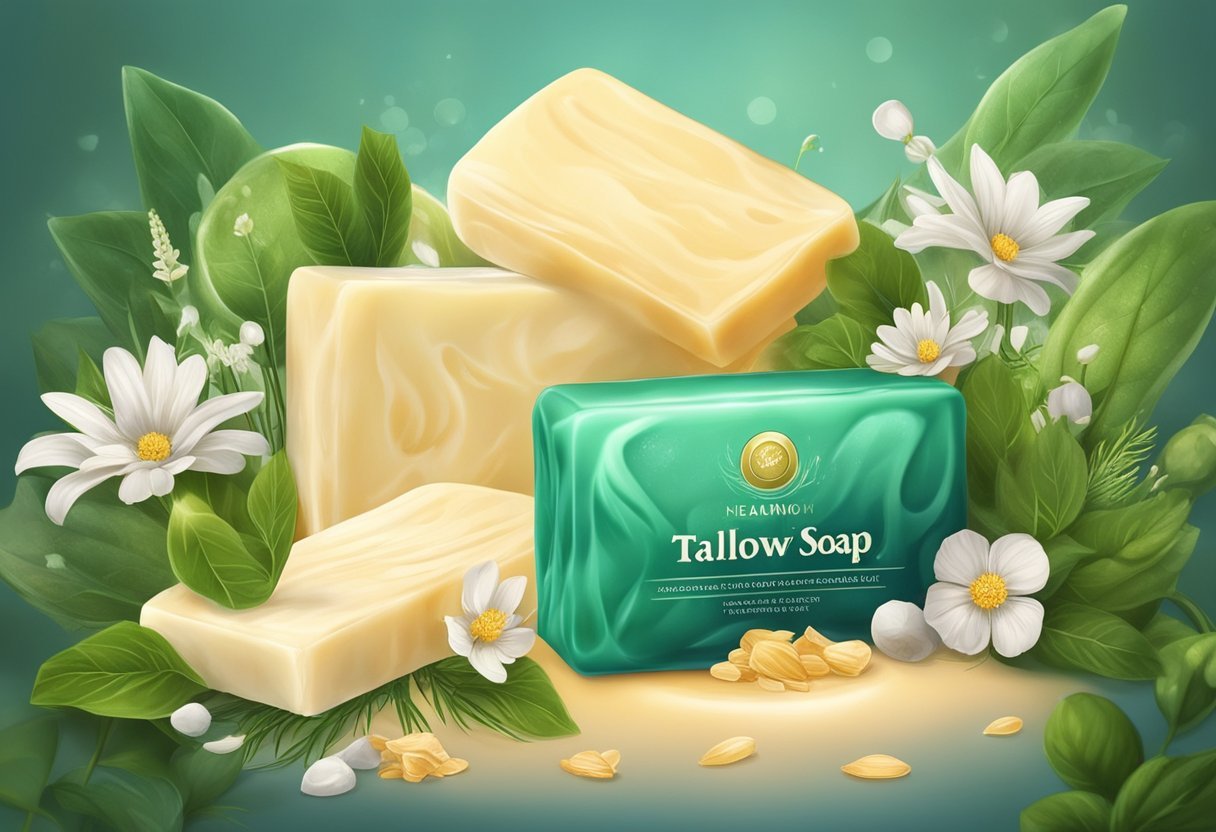 A bar of tallow soap surrounded by natural ingredients like herbs and oils, with a soft glow highlighting its cleansing and moisturizing properties