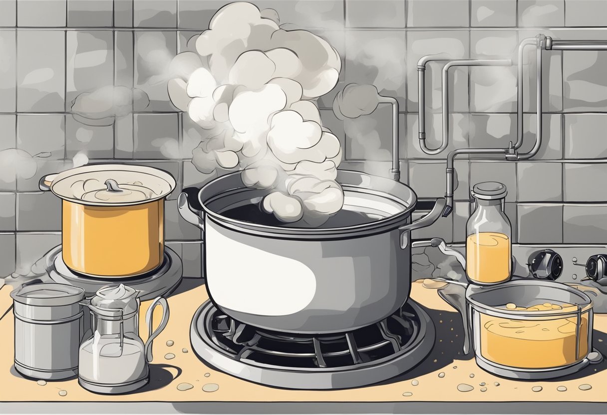 A large pot sits on a stove, filled with a mixture of tallow and lye. The ingredients are being stirred together, creating a chemical reaction and producing soap