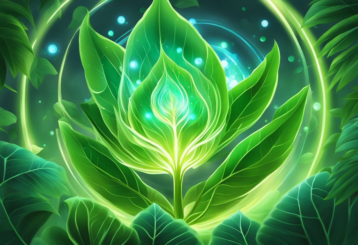 A vibrant green leafy plant surrounded by glowing orbs of light emitting a protective aura