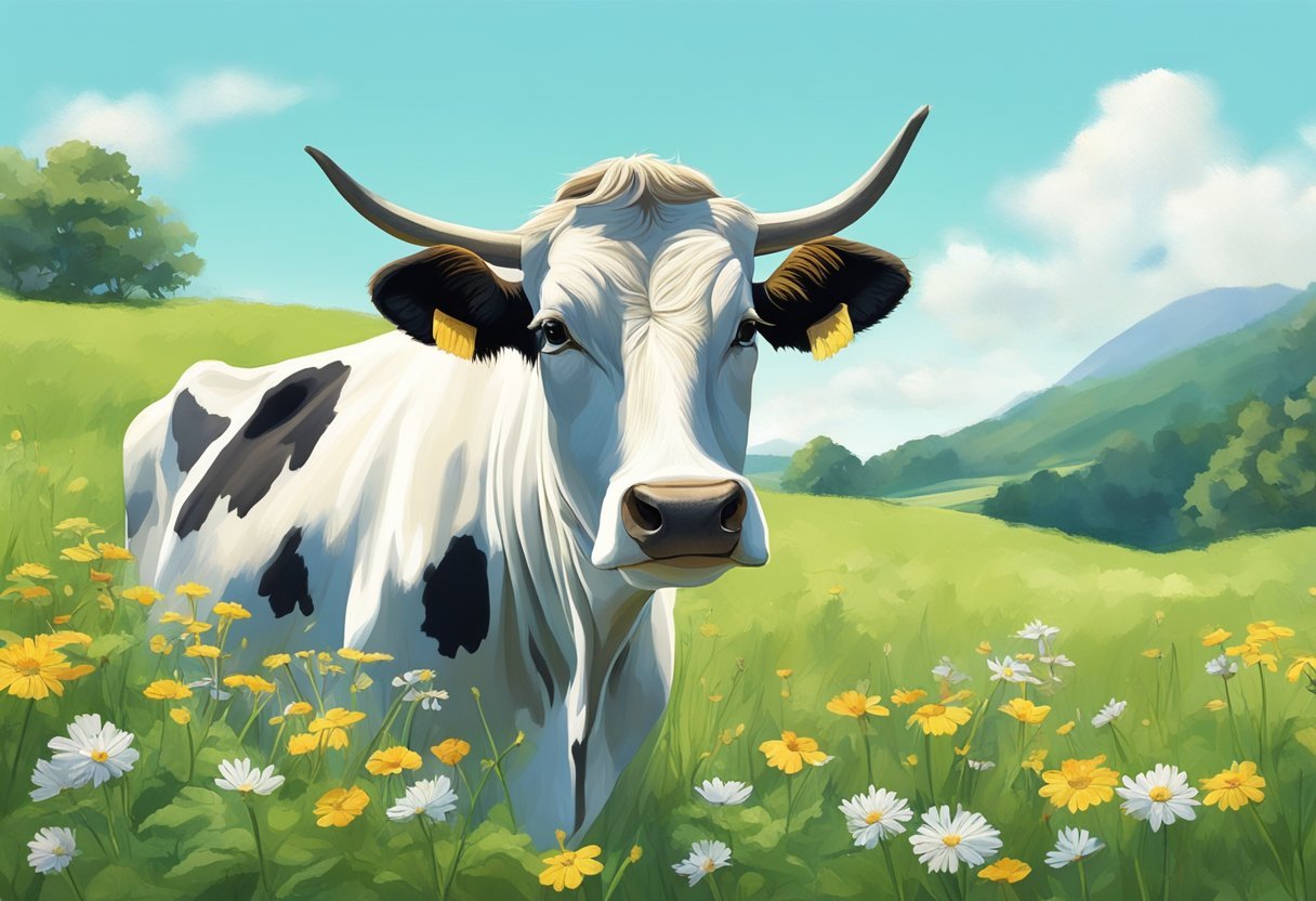 A serene landscape with a cow grazing in a lush green pasture, surrounded by wildflowers and a clear blue sky. A small rendering of tallow being extracted from the cow's fat could be included as well