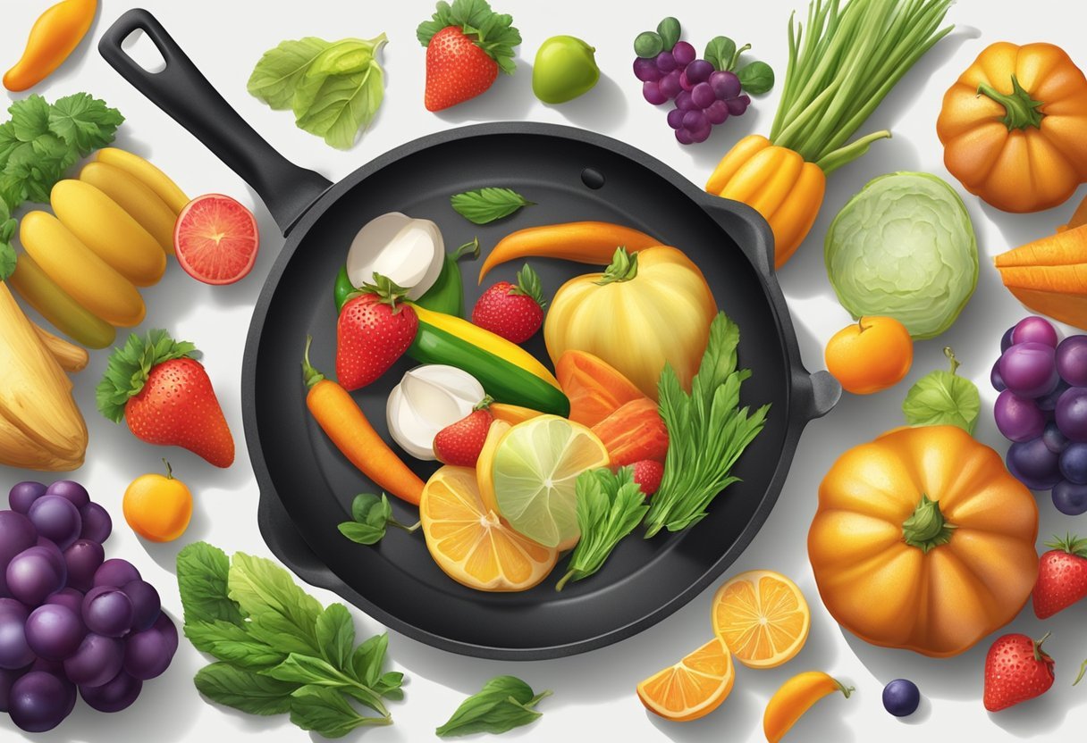 A sizzling pan with tallow, surrounded by colorful fruits and vegetables, emitting a protective glow over the scene