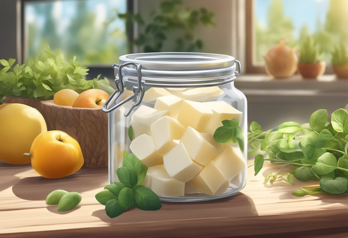 A clear, glass jar filled with creamy, off-white tallow sits on a wooden table, surrounded by fresh herbs and fruits. Sunlight streams in, highlighting the jar's contents