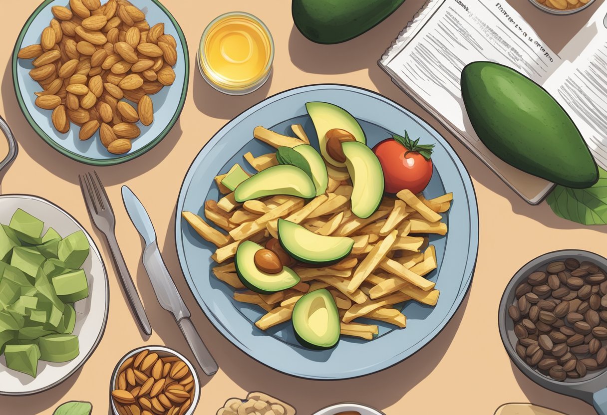 A sizzling pan of tallow fries next to a plate of heart-healthy foods like avocados and nuts, with a stack of scientific journals in the background