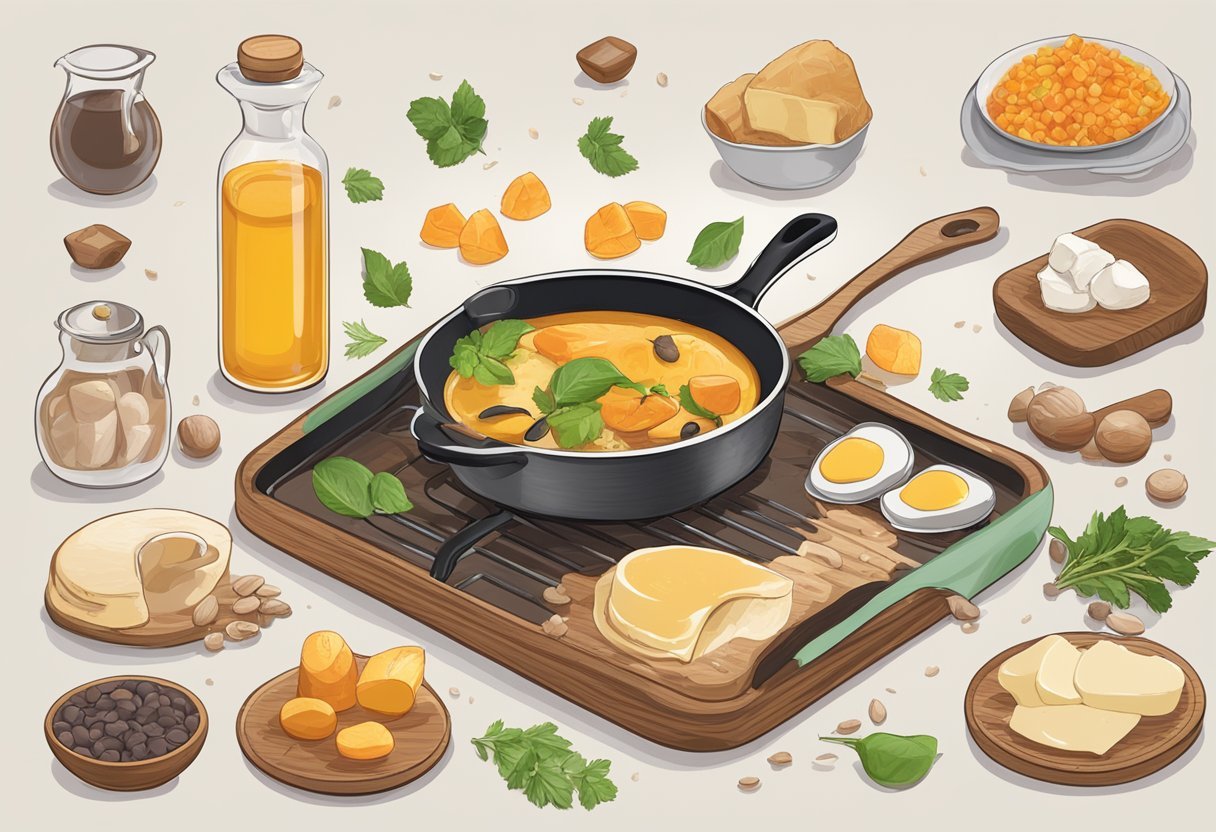 A sizzling pan with tallow melting, surrounded by various ingredients and a heart-shaped diagram showcasing its nutritional benefits