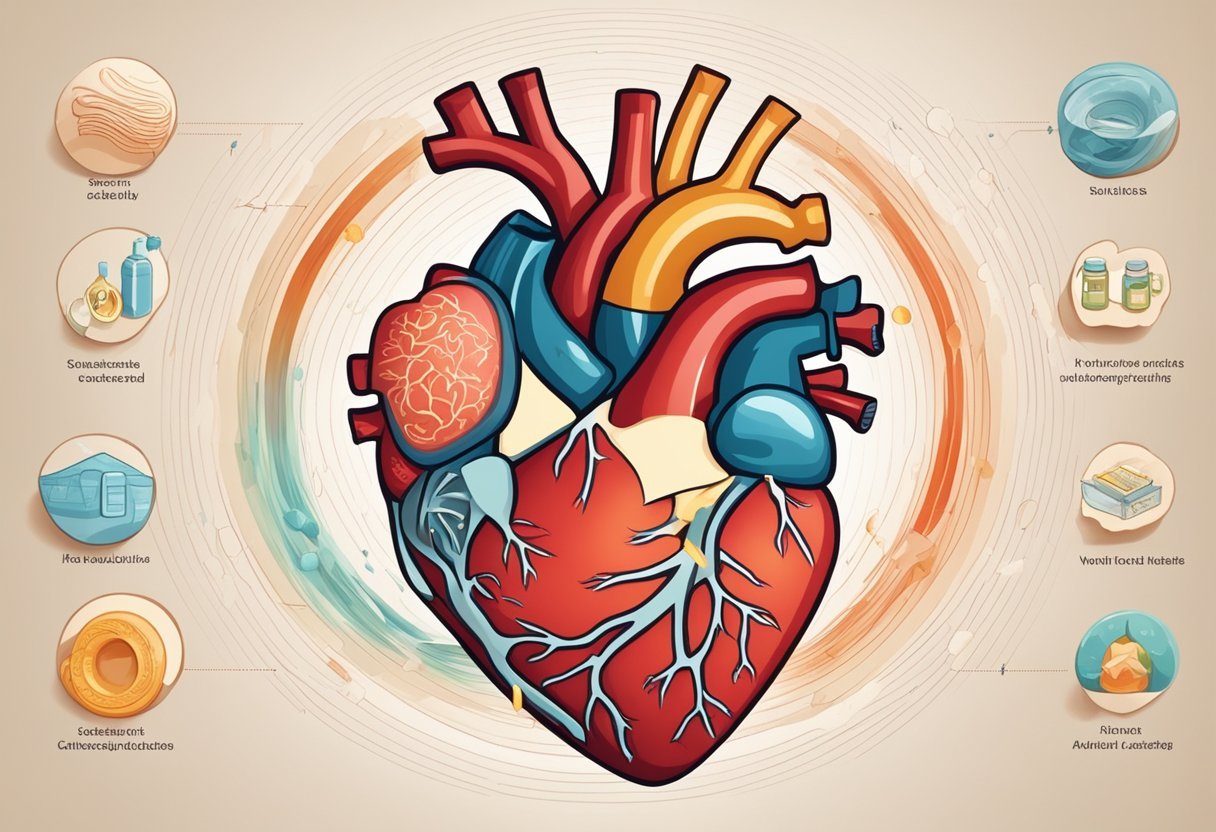A heart surrounded by swirling myths and facts about cholesterol, with a tallow symbol in the center