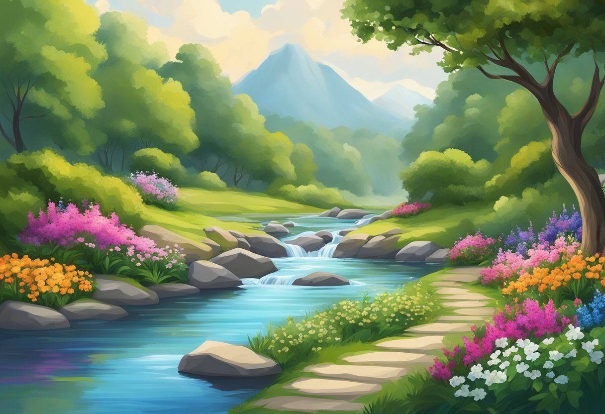 A serene landscape with a flowing river, surrounded by lush greenery and vibrant flowers, with a sense of tranquility and peace