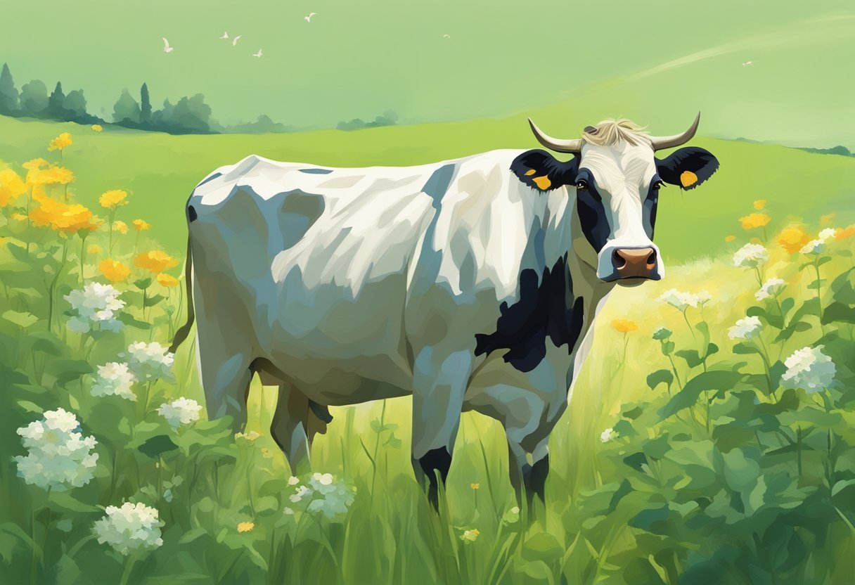 A serene, green pasture with a grazing cow surrounded by tallow plants and blooming wildflowers. A gentle breeze rustles the leaves, creating a peaceful and calming atmosphere