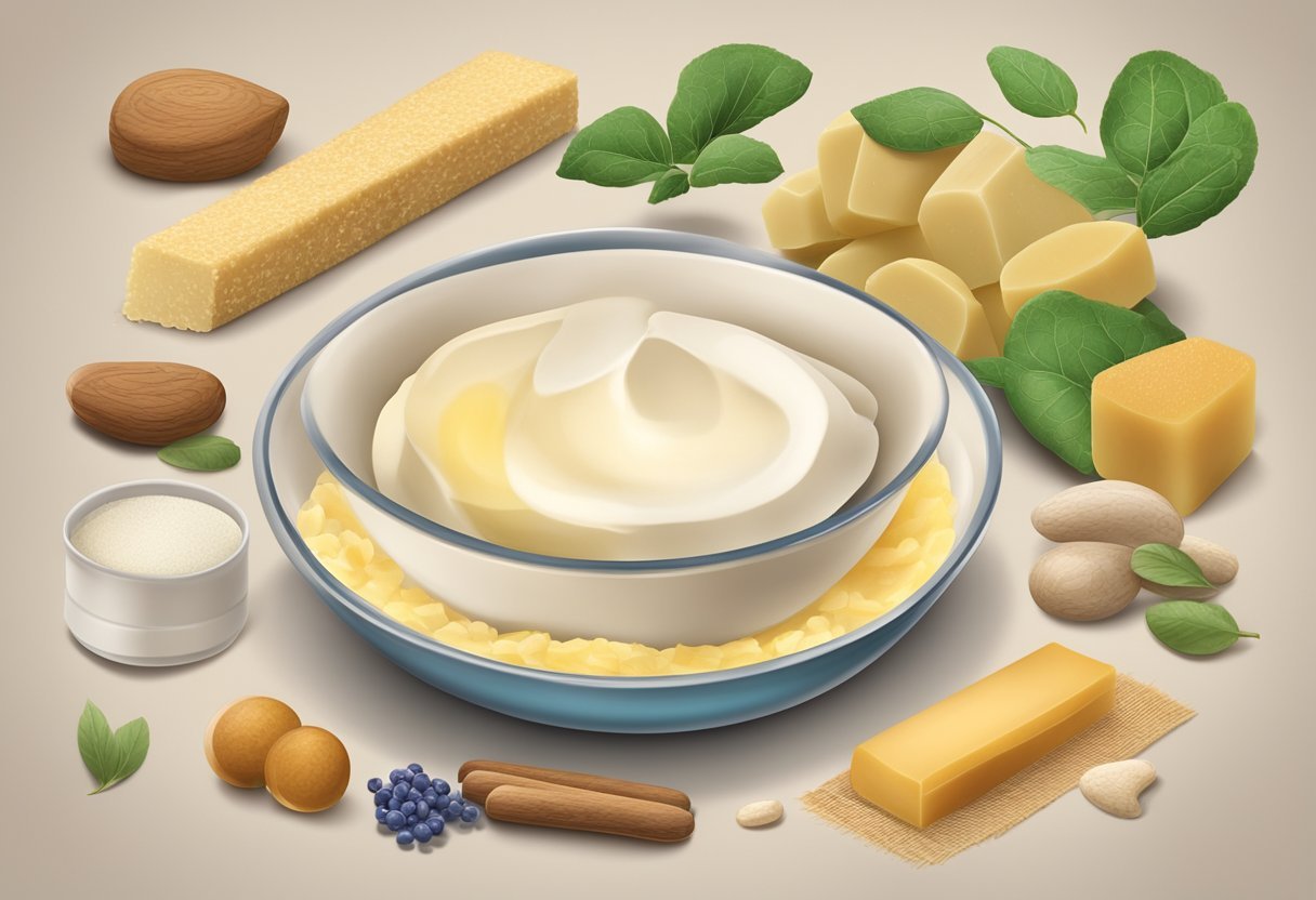 A bowl of tallow incorporated into a balanced diet, alongside various foods and supplements, with a focus on joint health and arthritis relief