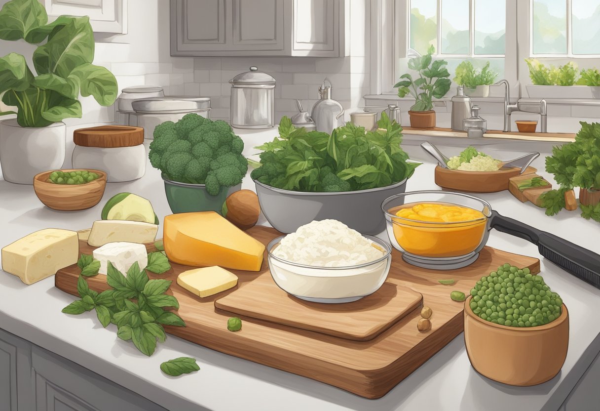 A variety of plant-based foods and tallow arranged on a kitchen counter, with a chef's knife and cutting board nearby
