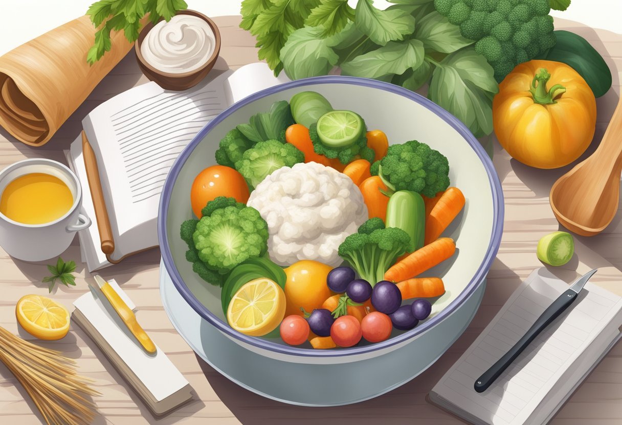 A bowl of mixed vegetables and fruits with a small dish of tallow on the side, surrounded by plant-based recipe books and cooking utensils