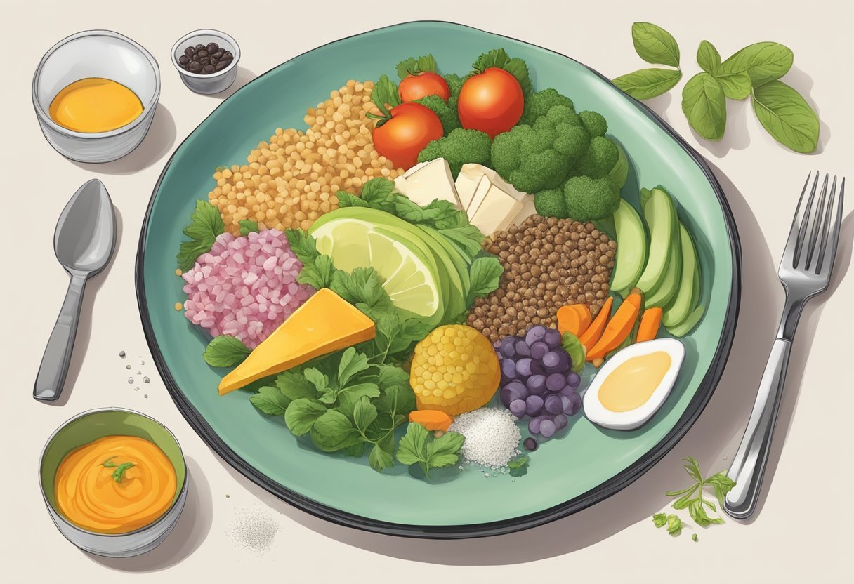 A colorful plate with a variety of plant-based foods, with a small portion of tallow integrated into the meal