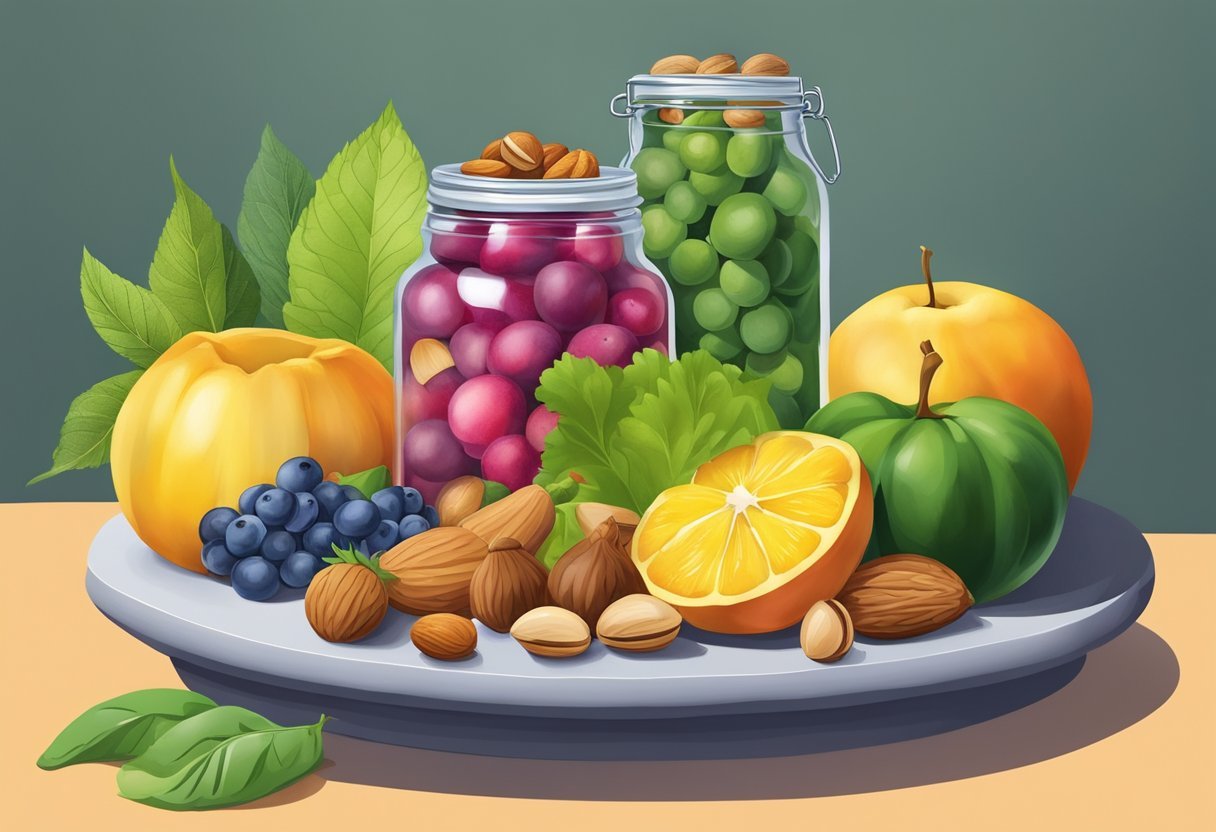 A colorful array of fruits, vegetables, and nuts arranged around a jar of tallow, with vibrant green leaves and a sense of balance and harmony