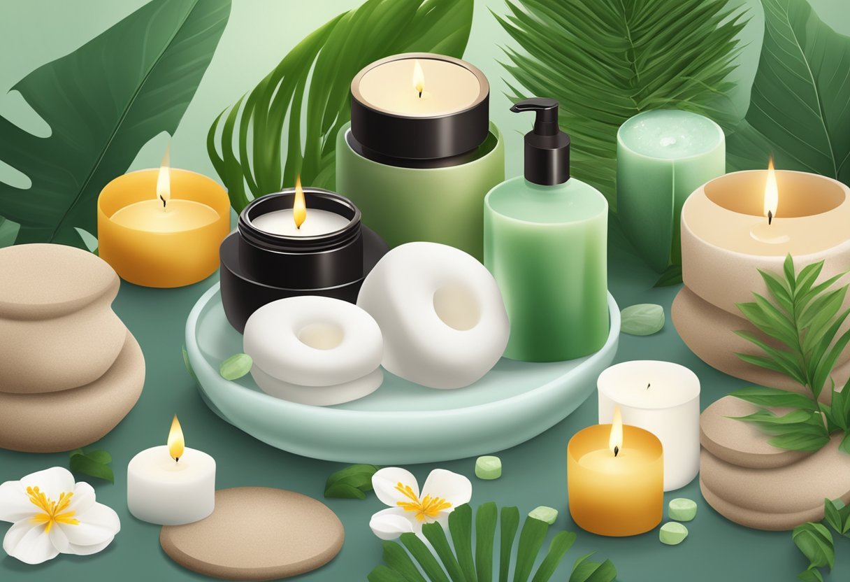 A serene spa setting with tallow candles and skincare products, surrounded by lush greenery and natural elements