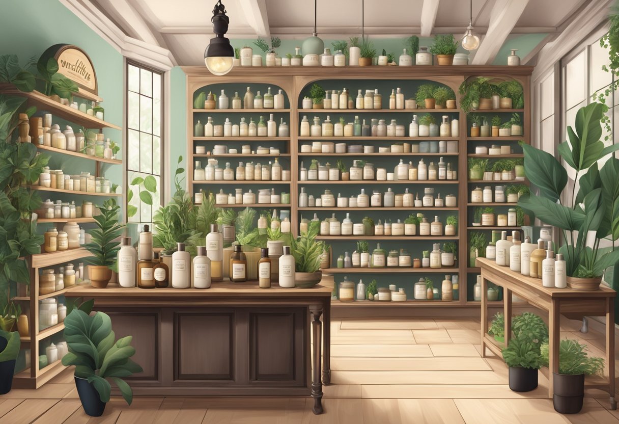 A vintage apothecary shop with shelves of tallow candles and skincare products, surrounded by modern wellness items and greenery