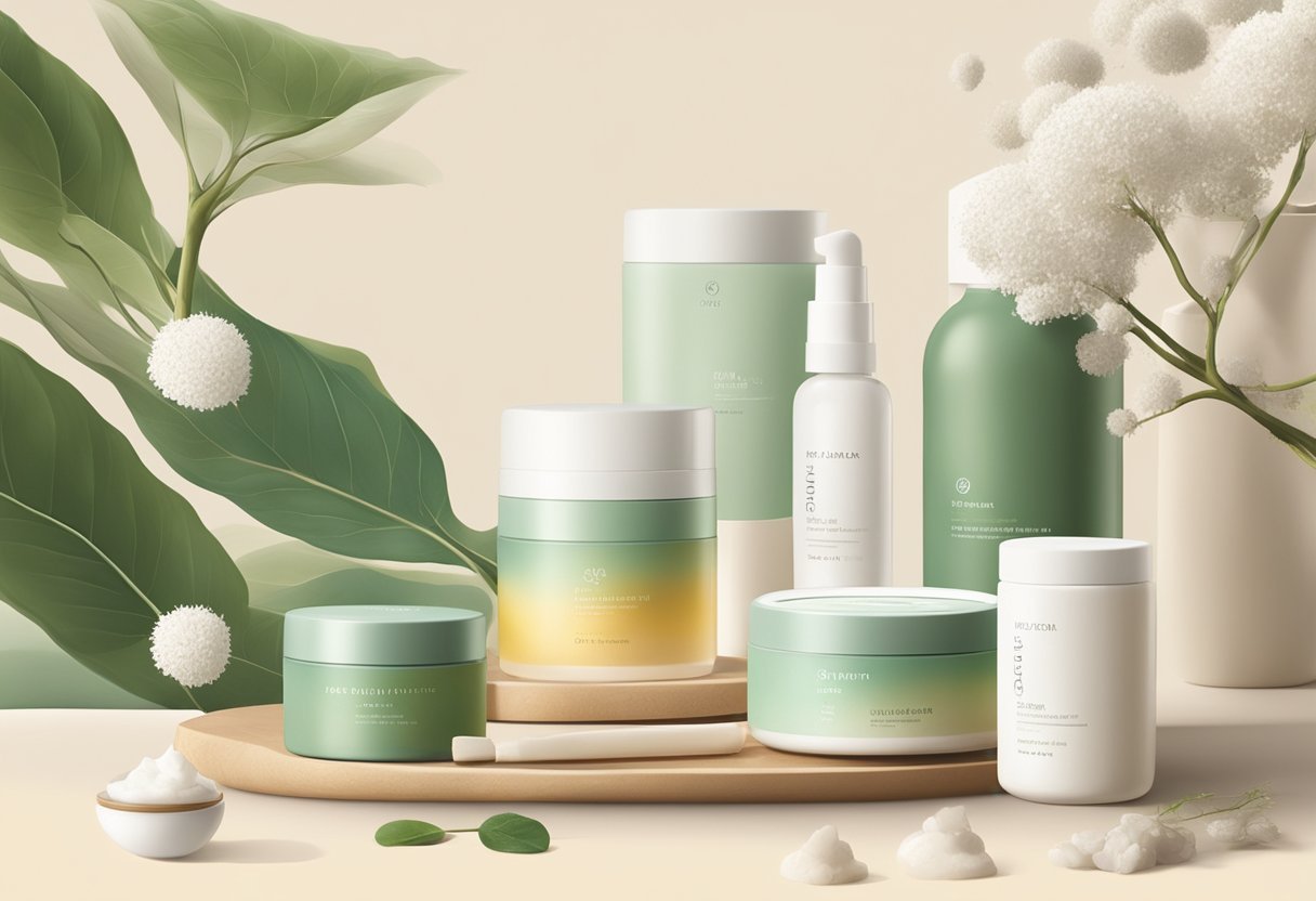 A serene, natural scene with tallow-based skincare products showcased in a modern, minimalist setting, surrounded by elements of wellness and nature