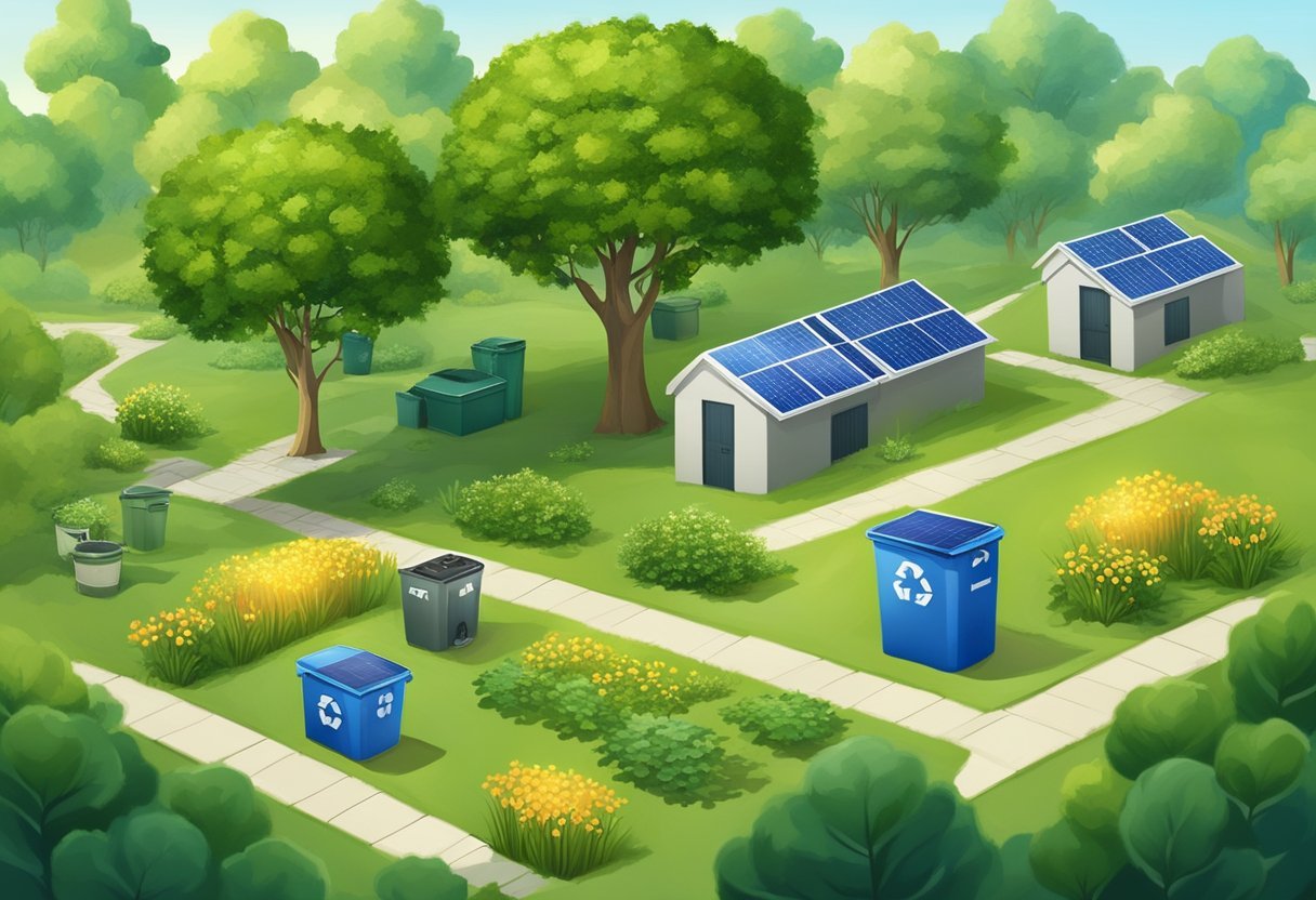 A lush green landscape with a flourishing tallow tree at the center, surrounded by various sustainable elements such as solar panels and recycling bins