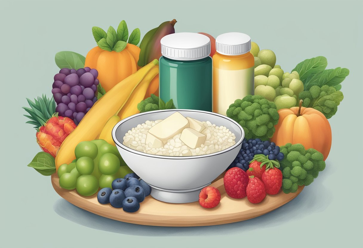 A bowl of tallow sits next to a vibrant assortment of fruits and vegetables, surrounded by a variety of gut-friendly supplements and probiotics