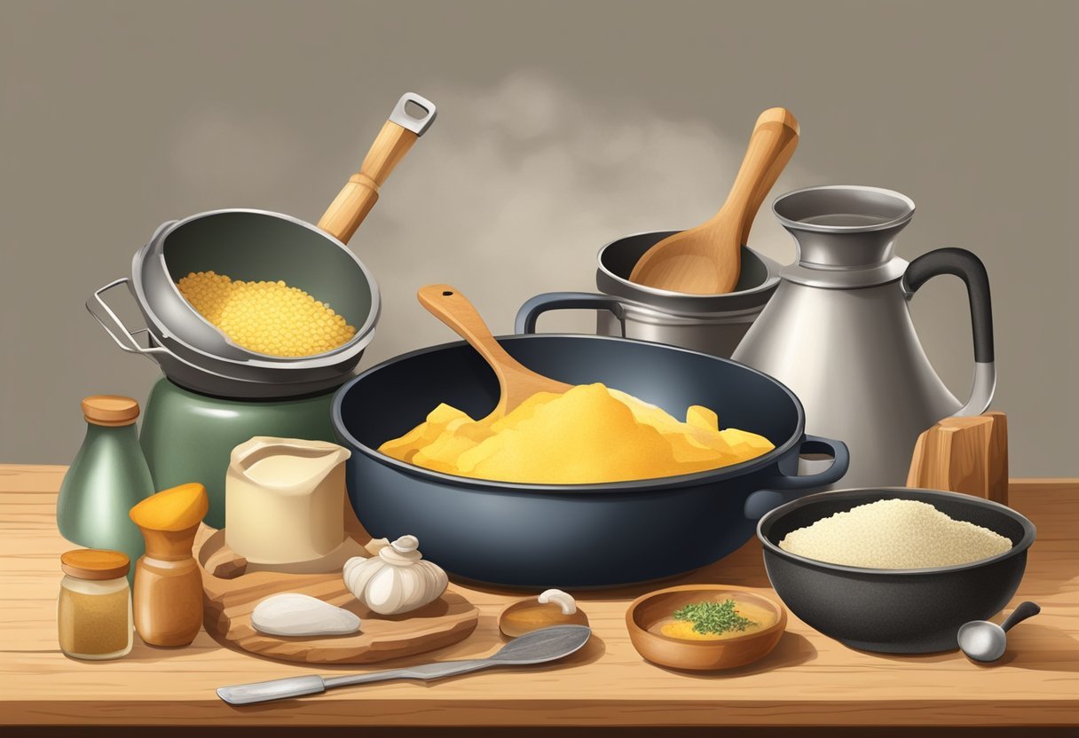 A rustic kitchen table with a collection of traditional cooking tools, a rendering pot, and a pile of animal fat