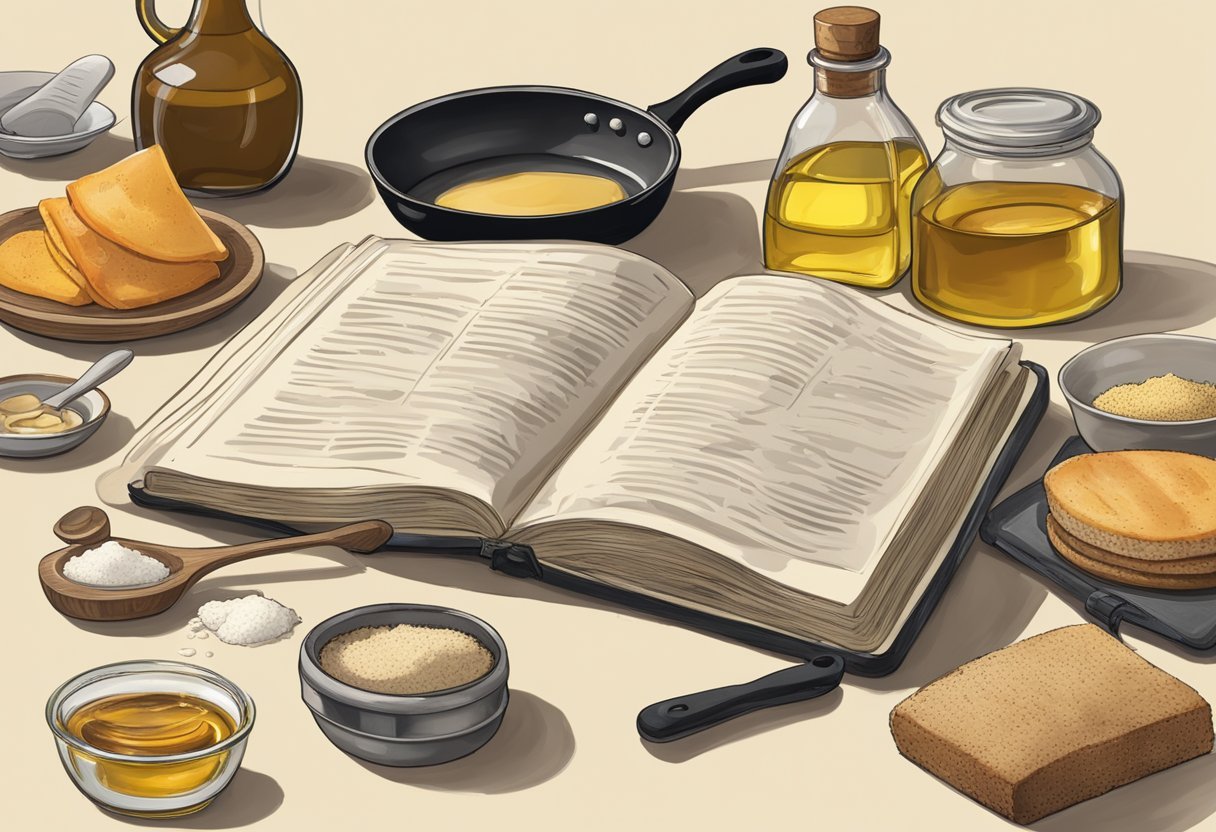 A sizzling pan holds a piece of tallow next to a bottle of oil, surrounded by various food items and a scientific journal