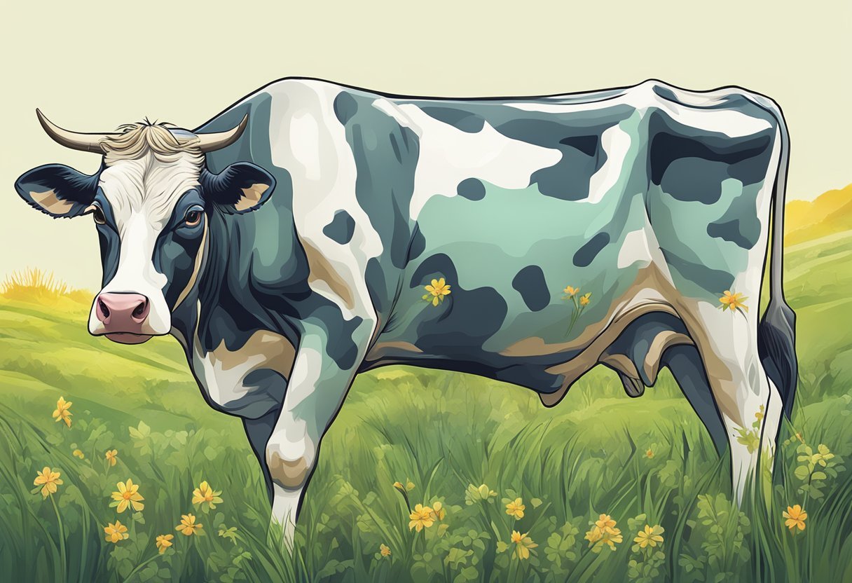 A vibrant illustration of a cow grazing in a lush pasture, with its stomach highlighted to represent the connection between tallow and gut health