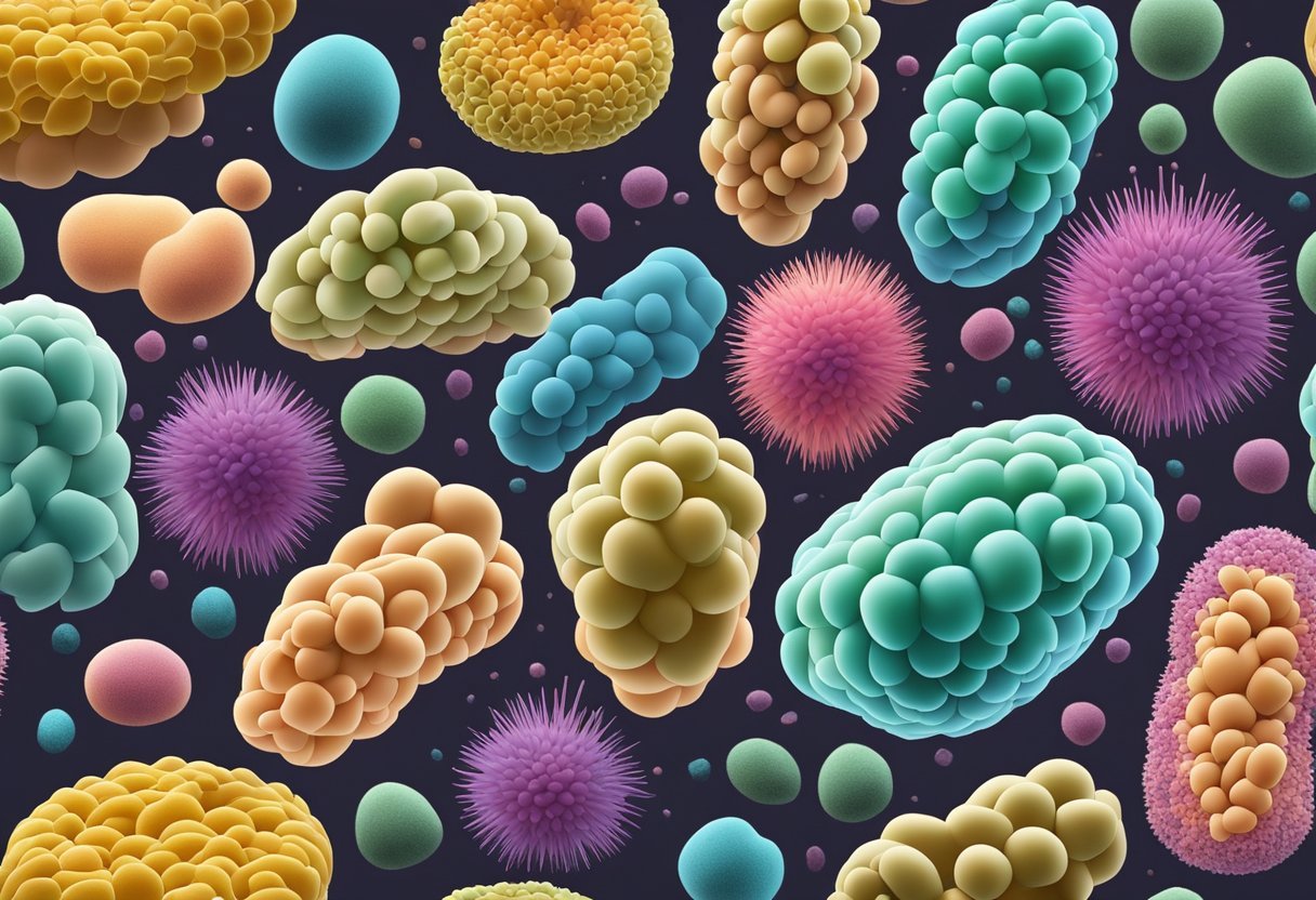 A diverse array of gut bacteria thriving in the presence of tallow, with various shapes and sizes interacting in a vibrant and harmonious ecosystem